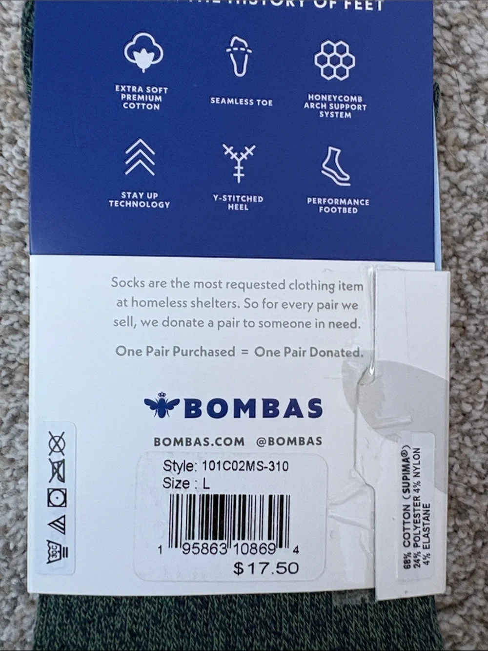 NWT Bombas Unisex Size Large Crew Socks